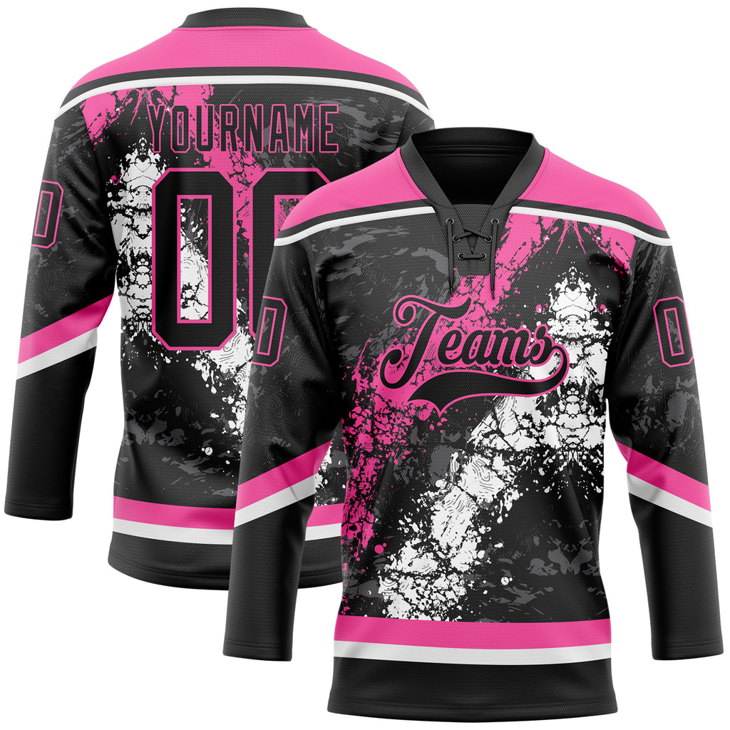 Custom Black Pink-White 3D Splash Art Hockey Lace Neck Jersey