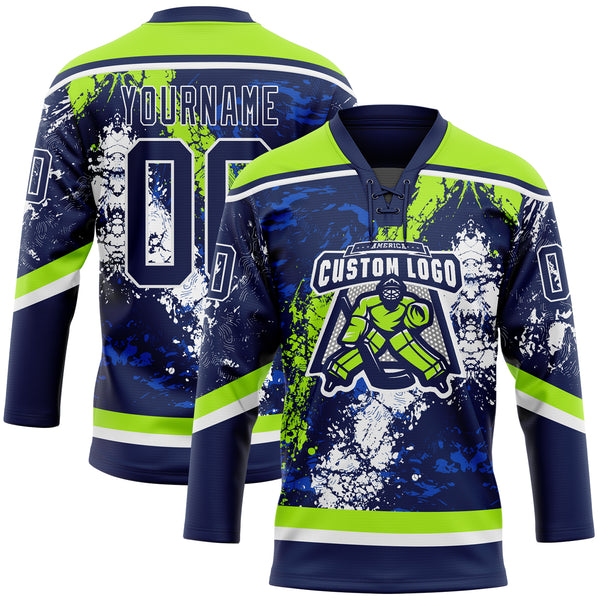 Custom Navy Thunder Blue Neon Green-White 3D Splash Art Hockey Lace Neck Jersey