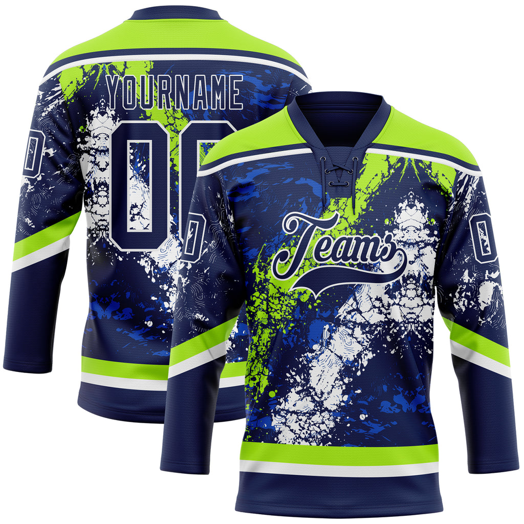 Custom Navy Thunder Blue Neon Green-White 3D Splash Art Hockey Lace Neck Jersey