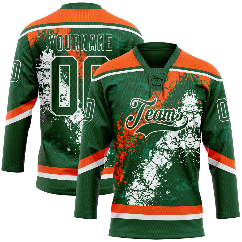 Custom Green Orange-White 3D Splash Art Hockey Lace Neck Jersey