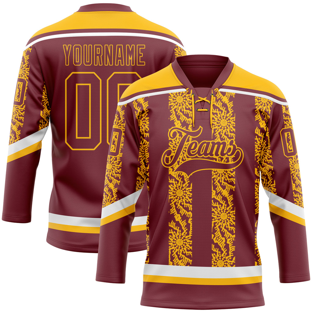 Custom Burgundy Gold-White 3D Pattern Abstract Shape Hockey Lace Neck Jersey