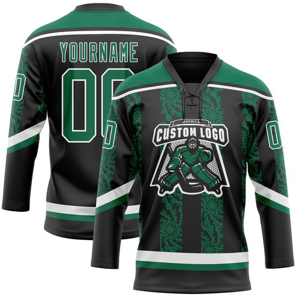 Custom Black Kelly Green-White 3D Pattern Abstract Shape Hockey Lace Neck Jersey