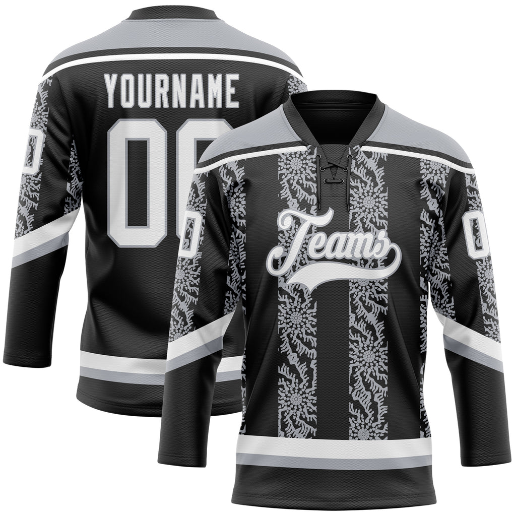 Custom Black White-Gray 3D Pattern Abstract Shape Hockey Lace Neck Jersey