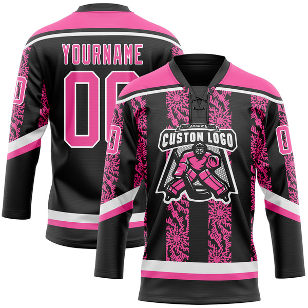 Custom Black Pink-White 3D Pattern Abstract Shape Hockey Lace Neck Jersey