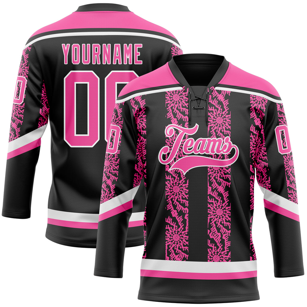 Custom Black Pink-White 3D Pattern Abstract Shape Hockey Lace Neck Jersey