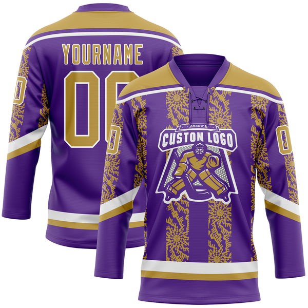 Custom Purple Old Gold-White 3D Pattern Abstract Shape Hockey Lace Neck Jersey