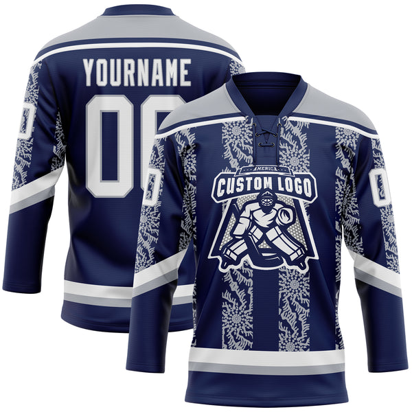 Custom Navy White-Gray 3D Pattern Abstract Shape Hockey Lace Neck Jersey