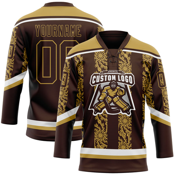Custom Brown Old Gold-White 3D Pattern Abstract Shape Hockey Lace Neck Jersey