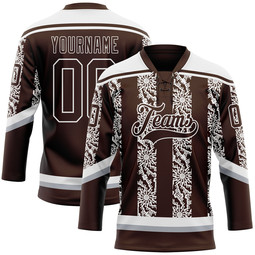 Custom Brown Gray-White 3D Pattern Abstract Shape Hockey Lace Neck Jersey