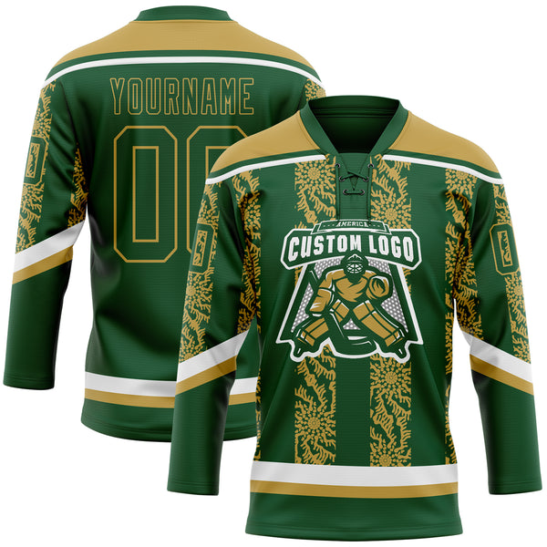 Custom Green Old Gold-White 3D Pattern Abstract Shape Hockey Lace Neck Jersey