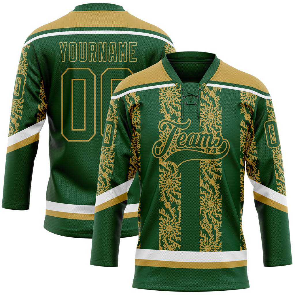 Custom Green Old Gold-White 3D Pattern Abstract Shape Hockey Lace Neck Jersey