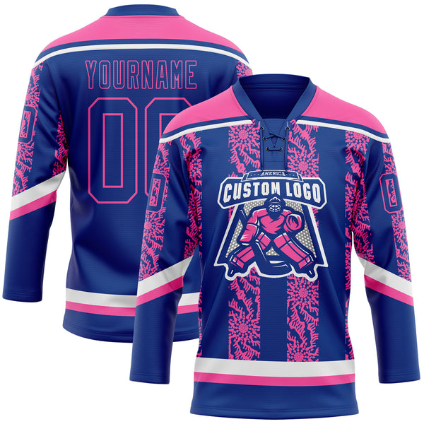 Custom Royal Pink-White 3D Pattern Abstract Shape Hockey Lace Neck Jersey