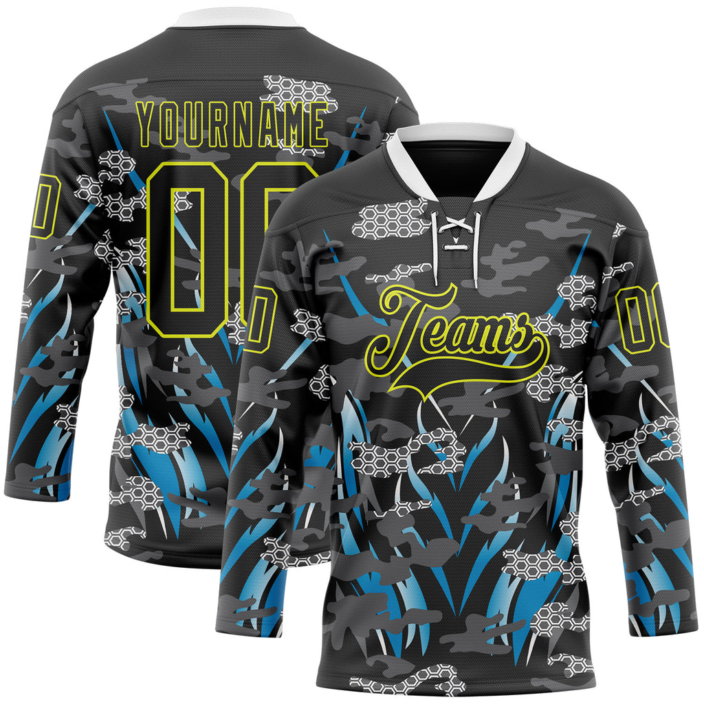 Custom Black Neon Yellow Blue-White 3D Pattern Abstract Camo Hockey Lace Neck Jersey