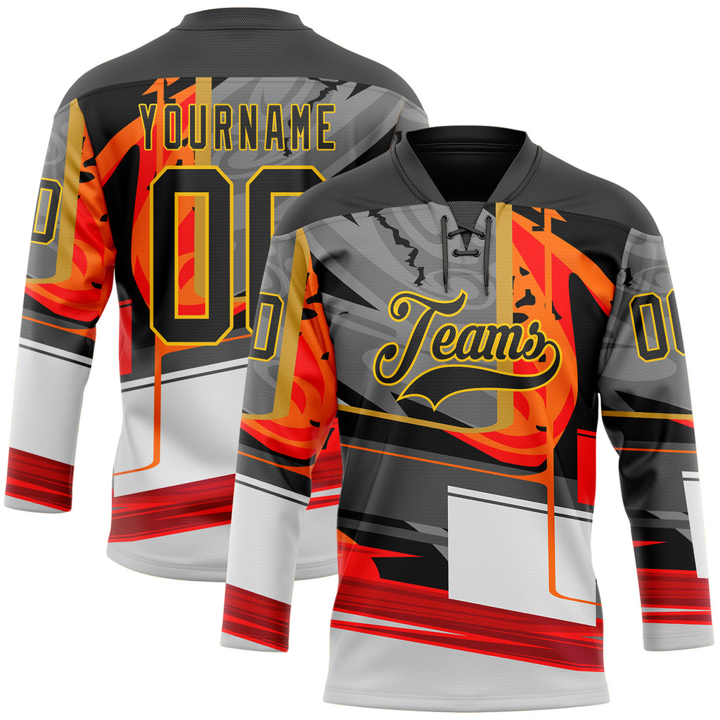 Custom Black Red-Yellow 3D Pattern Abstract Hockey Lace Neck Jersey