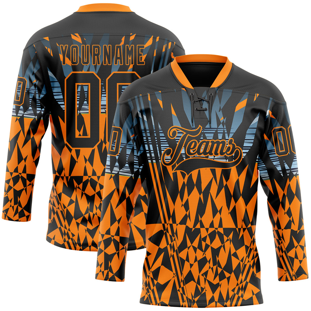 Custom Black Bay Orange-Blue 3D Pattern Abstract Hockey Lace Neck Jersey