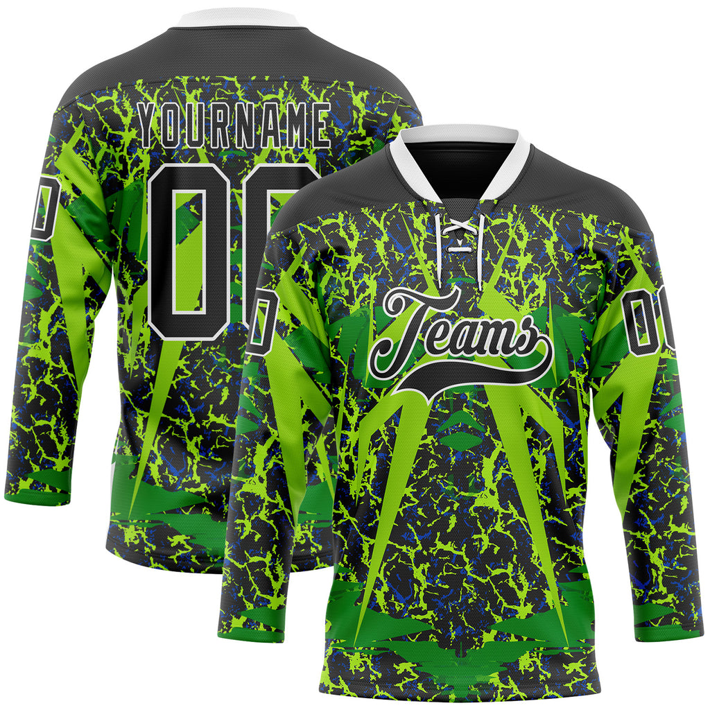 Custom Black Green White 3D Pattern Abstract Hockey Lace Neck Jersey
