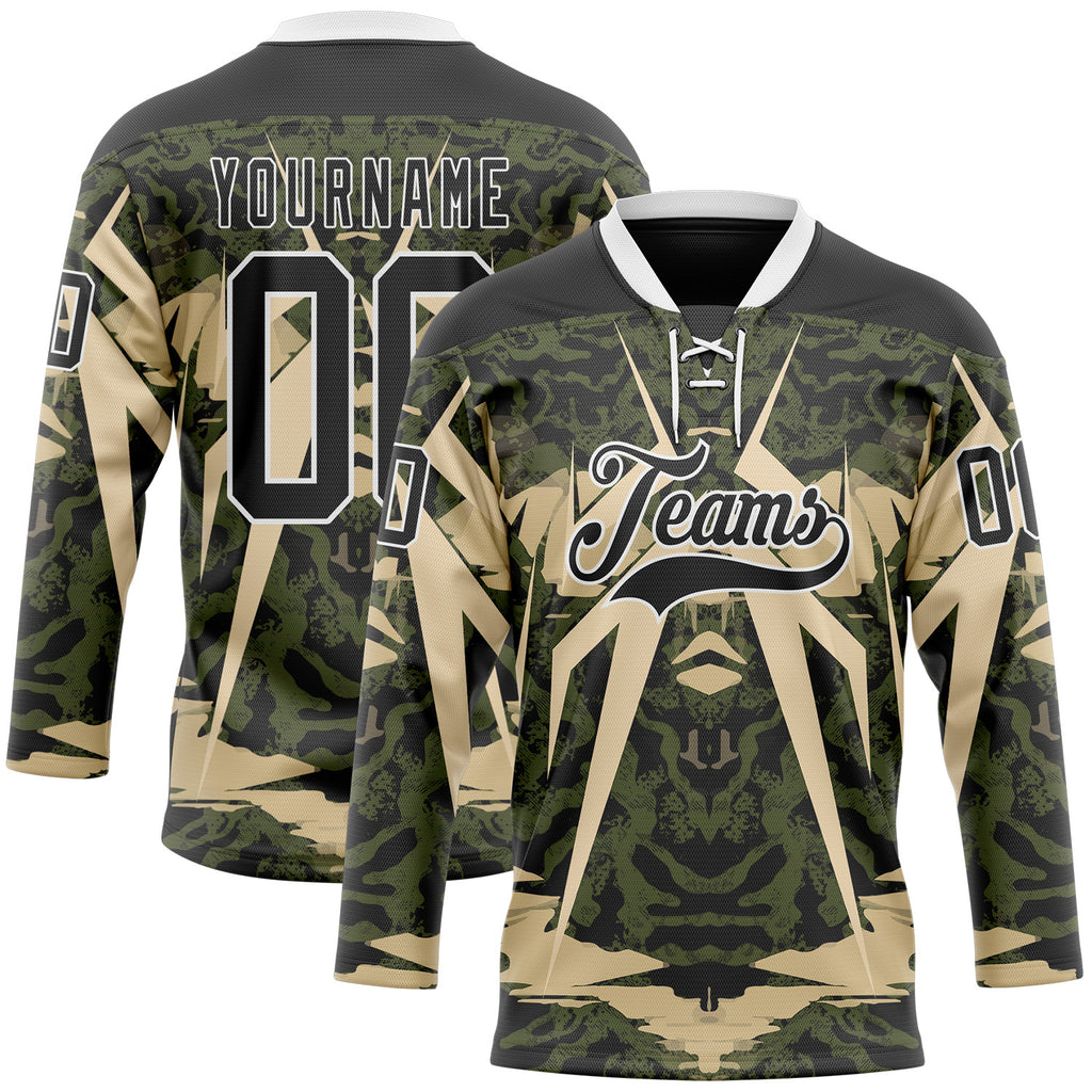 Custom Black Olive-White 3D Pattern Abstract Grunge Hockey Lace Neck Jersey