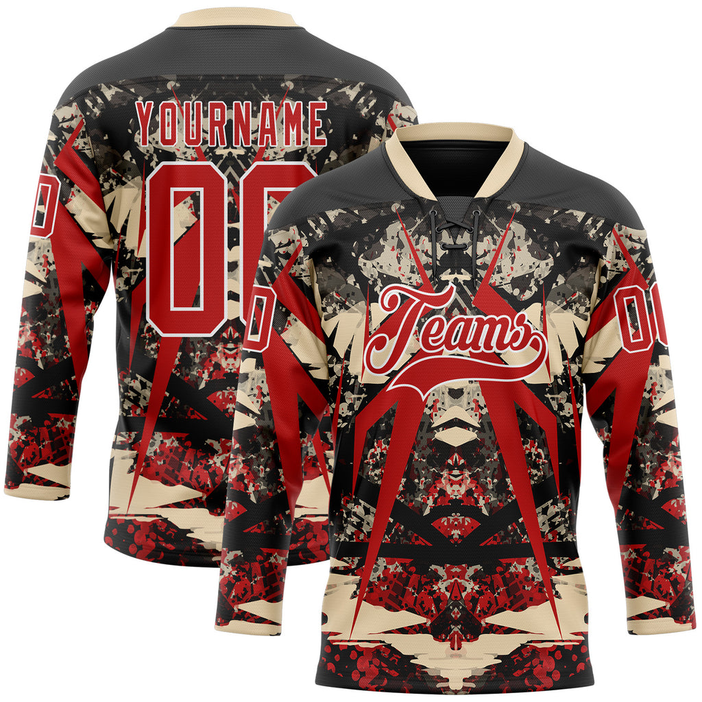 Custom Black Red City Cream-White 3D Pattern Abstract Grunge Hockey Lace Neck Jersey