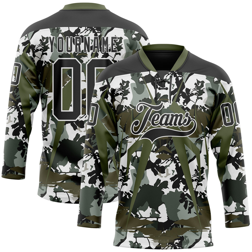 Custom Black Olive-White 3D Pattern Abstract Camo Hockey Lace Neck Jersey
