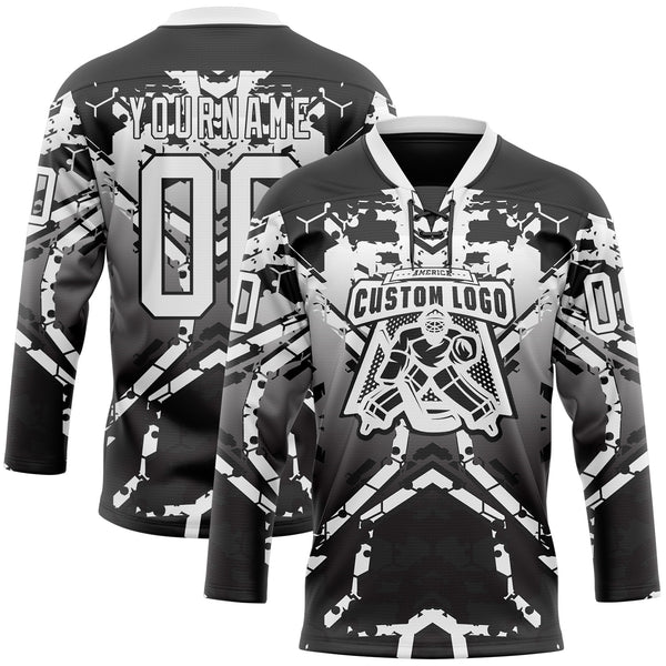 Custom Black White-Gray 3D Pattern Abstract Gradient Hockey Lace Neck Jersey