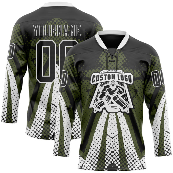 Custom Olive Black-White 3D Pattern Abstract Hockey Lace Neck Jersey
