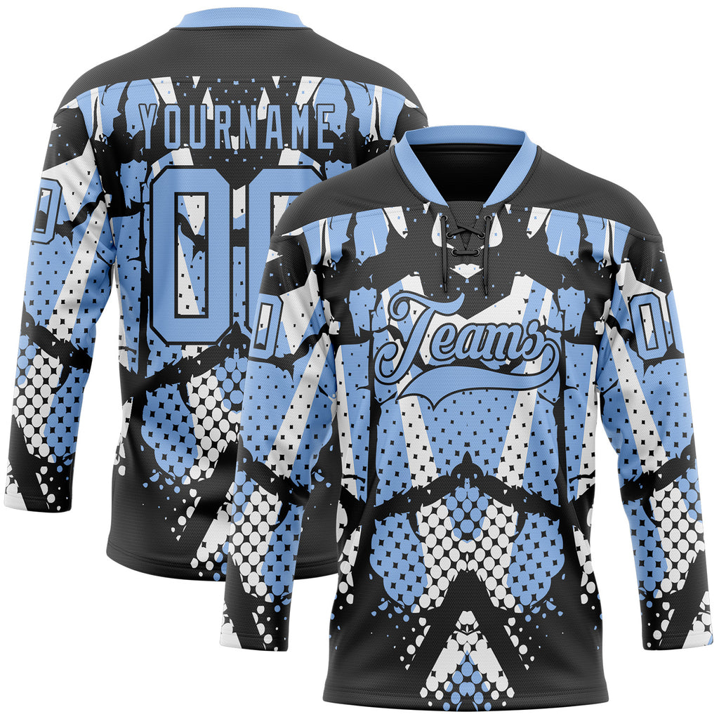 Custom Light Blue Black-White 3D Pattern Abstract Hockey Lace Neck Jersey