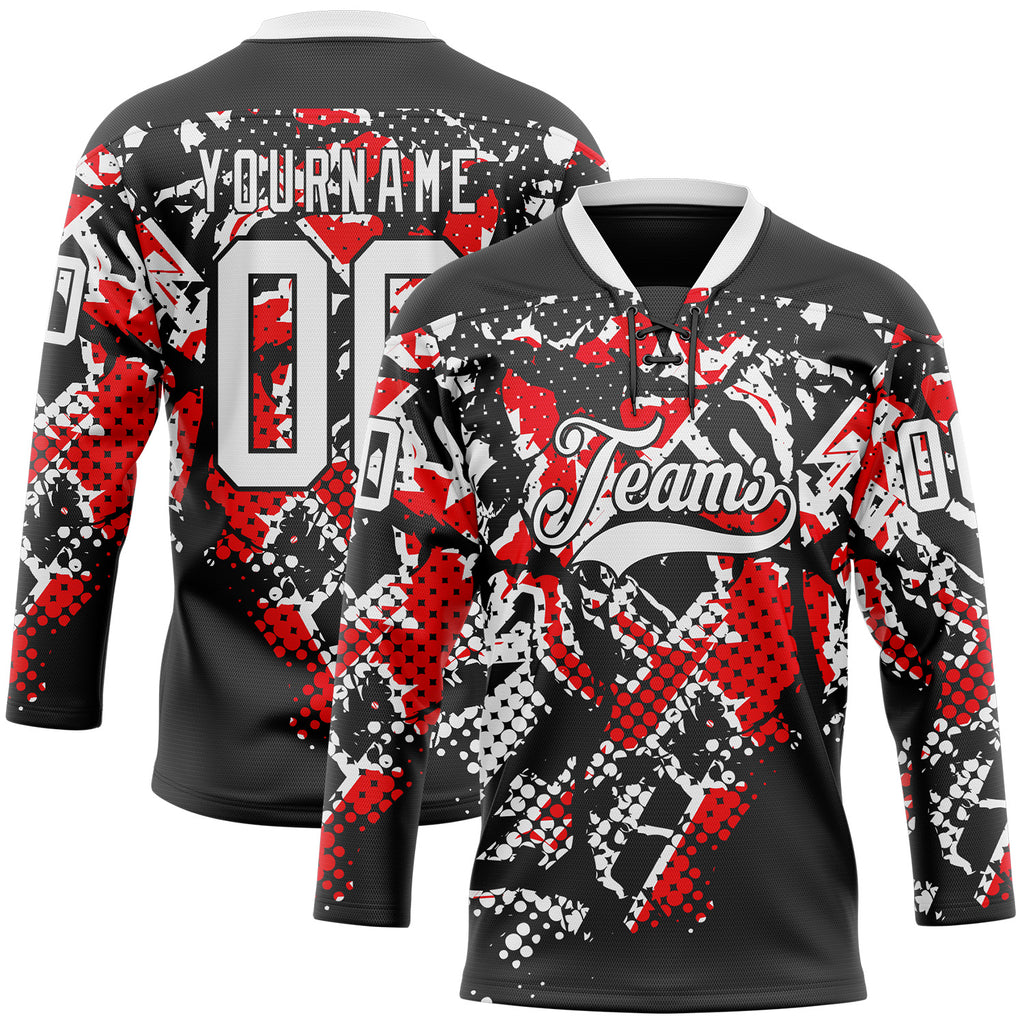 Custom Black White-Fire Red 3D Pattern Abstract Grunge Hockey Lace Neck Jersey