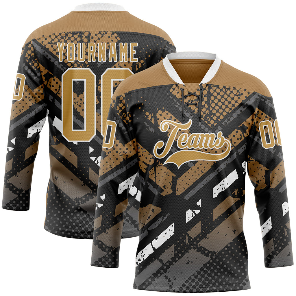Custom Old Gold Gray Black-White 3D Pattern Abstract Grunge Hockey Lace Neck Jersey