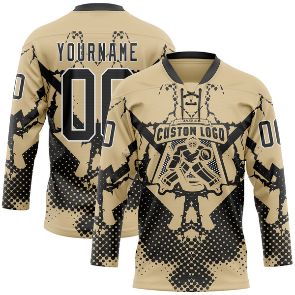 Custom Vegas Gold Black-White 3D Pattern Abstract Grunge Hockey Lace Neck Jersey