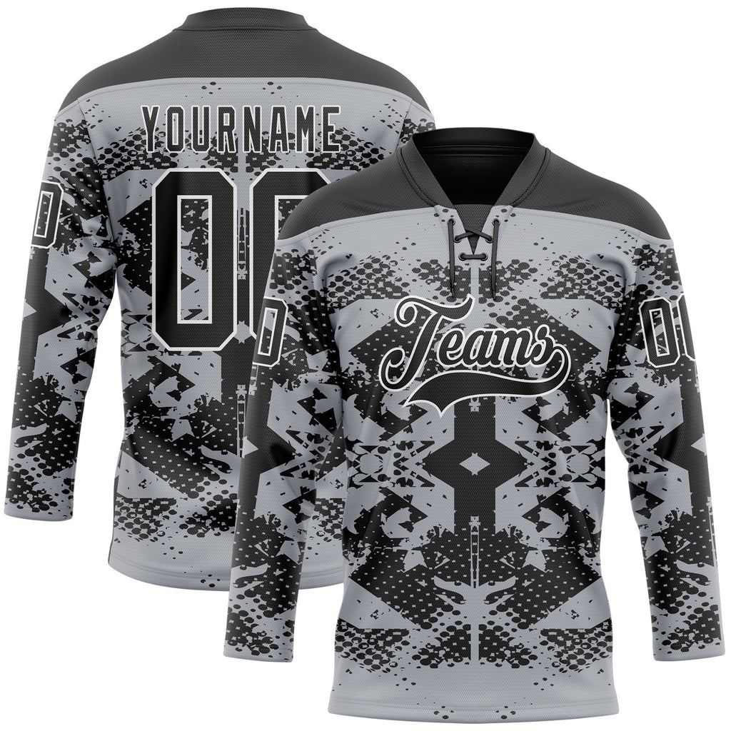 Custom Gray Black-White 3D Pattern Abstract Grunge Hockey Lace Neck Jersey