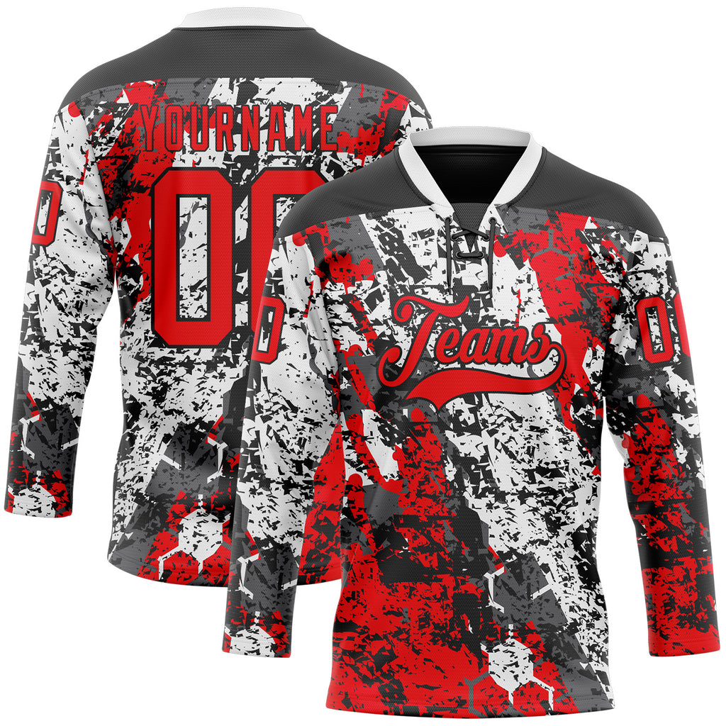 Custom Black Fire Red-White 3D Pattern Abstract Grunge Hockey Lace Neck Jersey