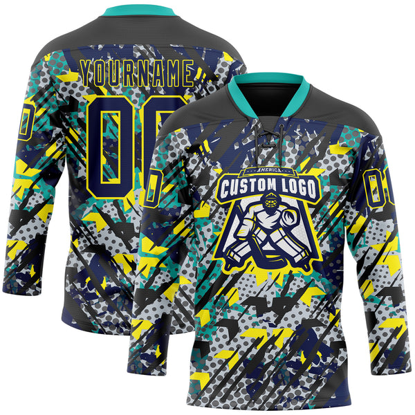Custom Navy Light Yellow-Aqua 3D Pattern Abstract Grunge Hockey Lace Neck Jersey