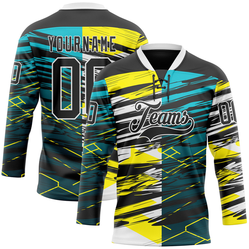 Custom Black Green-Yellow 3D Pattern Abstract Split Hockey Lace Neck Jersey