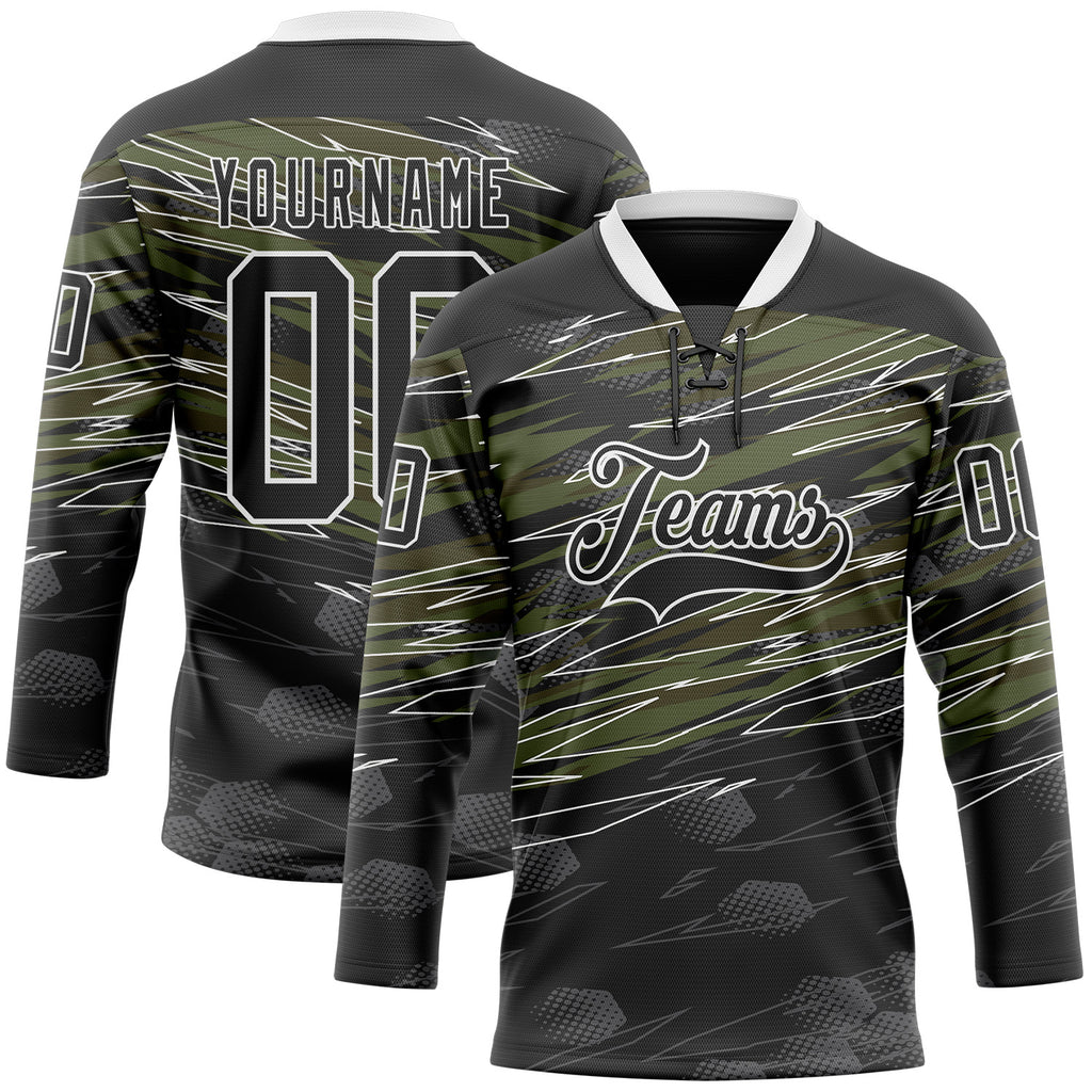 Custom Black Olive-White 3D Pattern Abstract Hockey Lace Neck Jersey