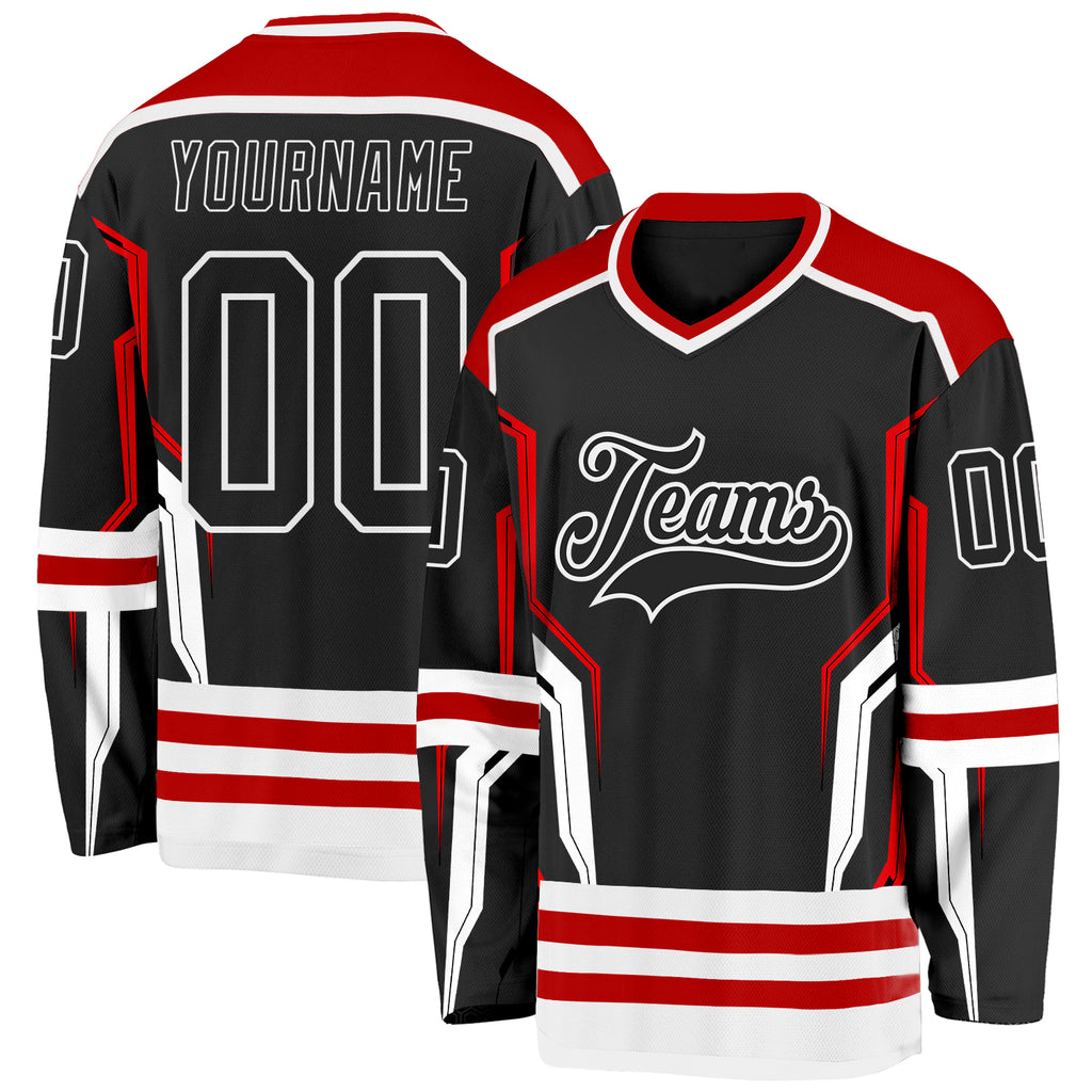Custom Black Red-White 3D Pattern Cyber Mecha E-sport Hockey Jersey