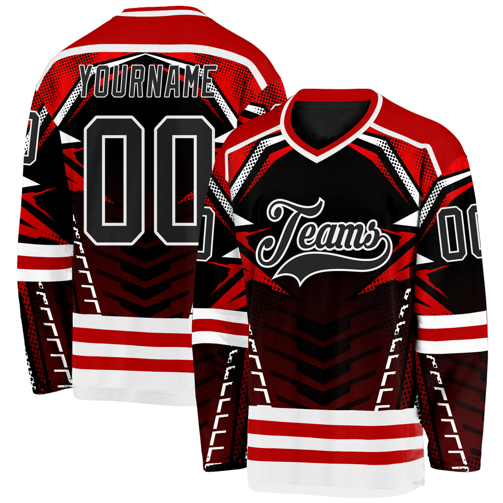 Custom Black Red-White 3D Pattern Cyber Mecha E-sport Hockey Jersey