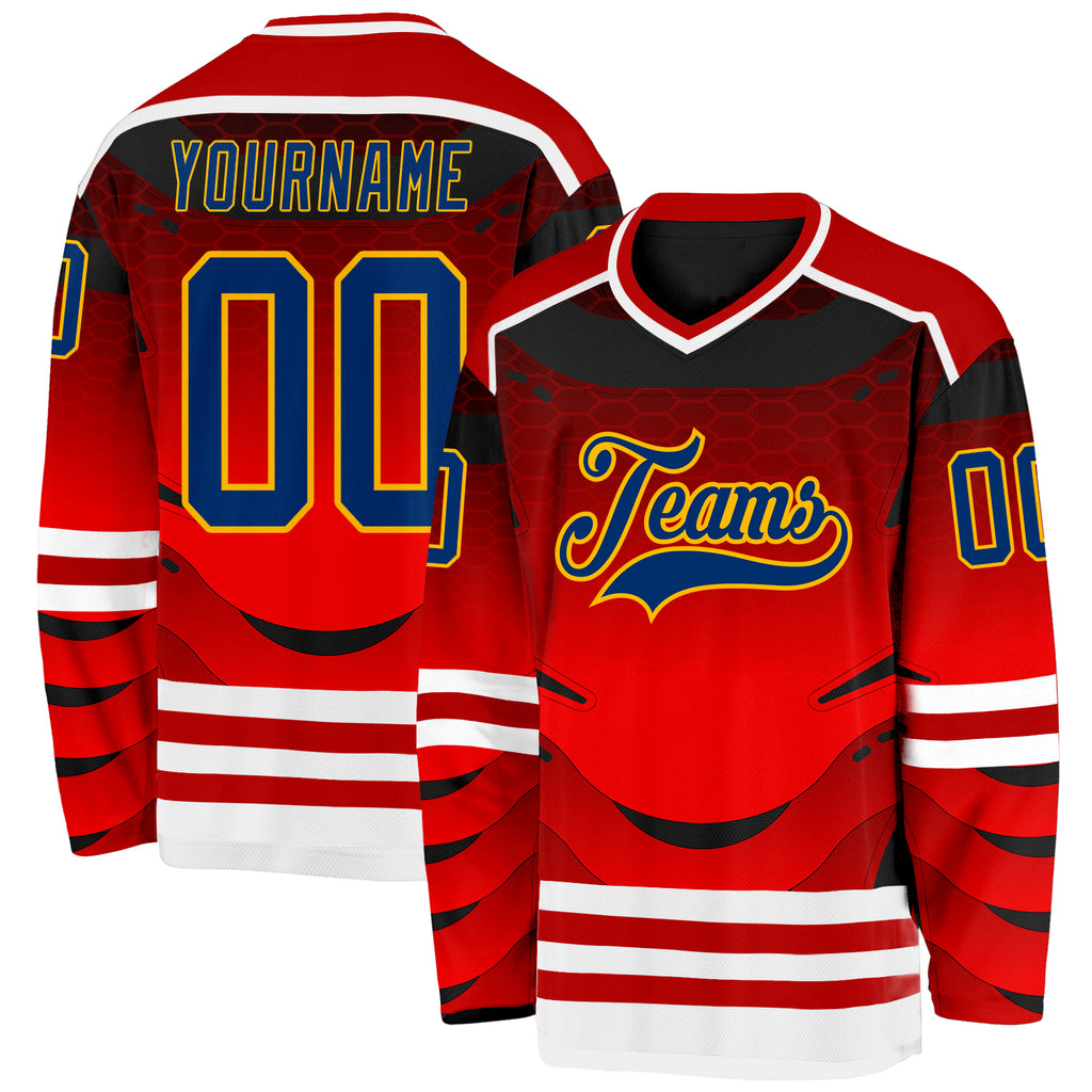 Custom Red US Navy Blue Gold-White 3D Pattern Cyber Mecha E-sport Hockey Jersey