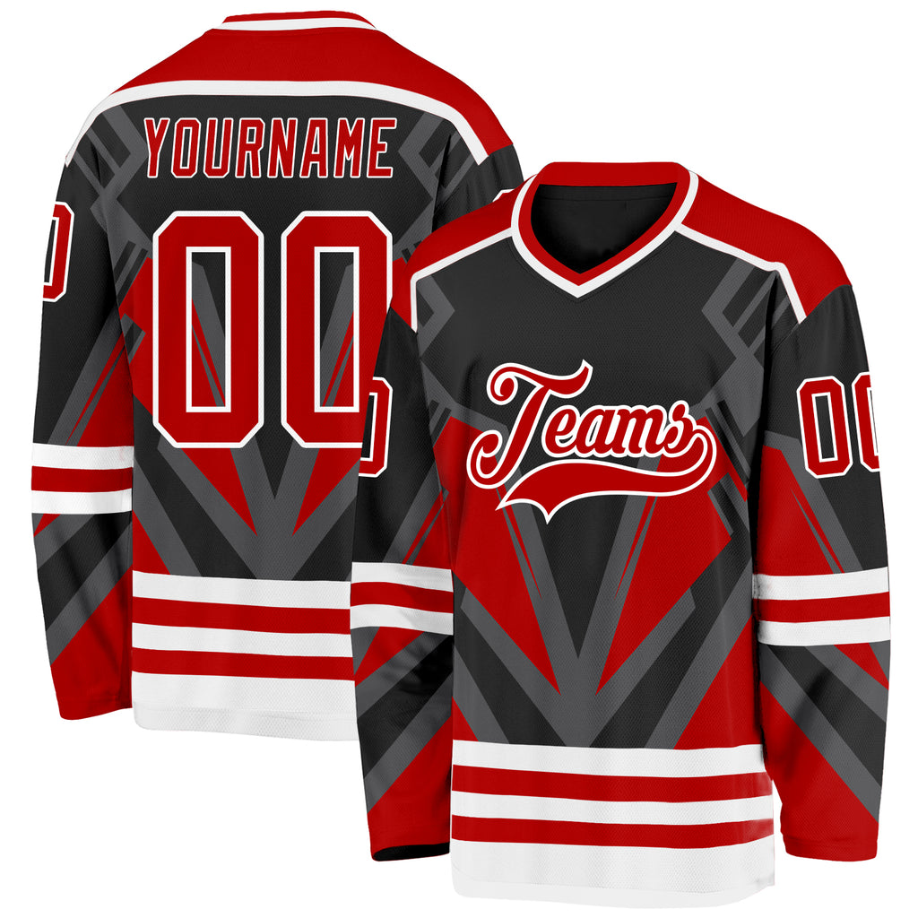 Custom Black Red Gray-White 3D Pattern Cyber Mecha E-sport Hockey Jersey