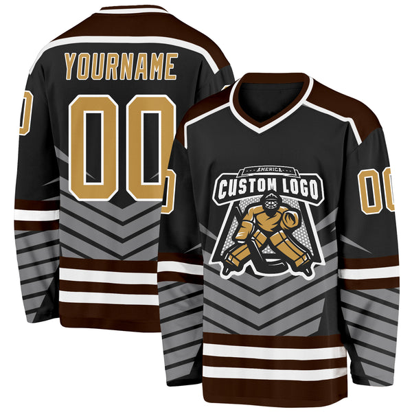 Custom Black Old Gold Gray Brown-White 3D Pattern Cyber Mecha E-sport Hockey Jersey