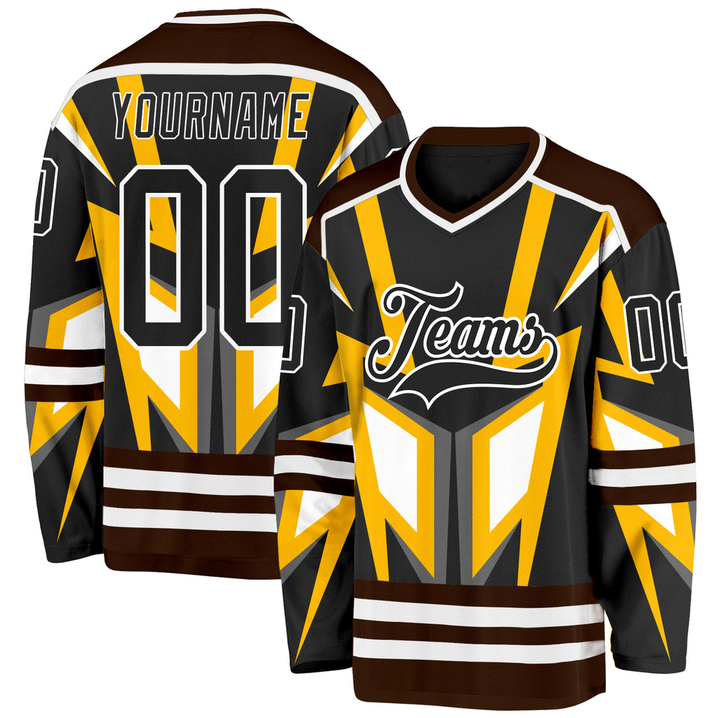 Custom Black Gold Brown-White 3D Pattern Cyber Mecha E-sport Hockey Jersey