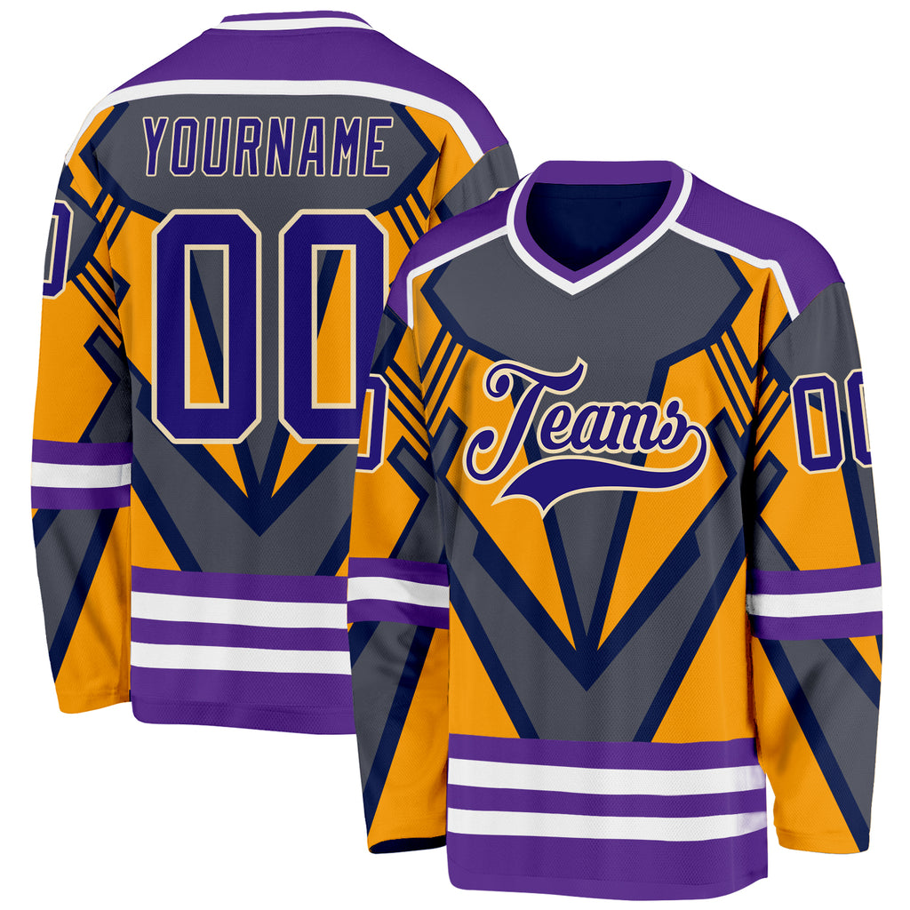 Custom Gray Dark Purple Yellow Cream-White 3D Pattern Cyber Mecha E-sport Hockey Jersey