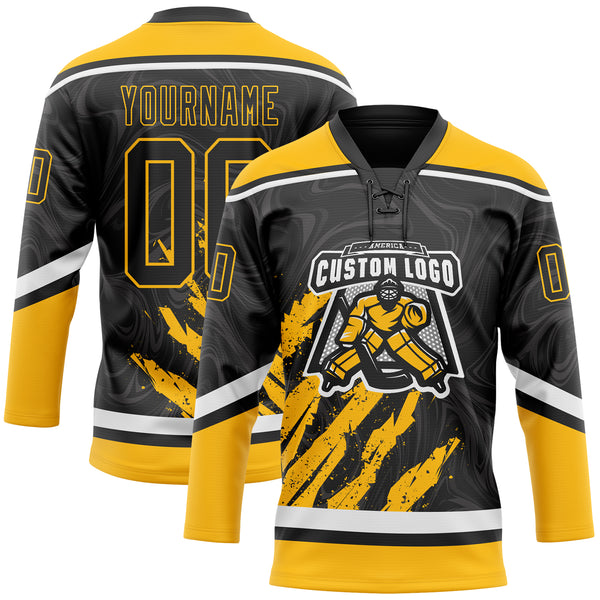Custom Black Gold-White 3D Splash Art Hockey Lace Neck Jersey