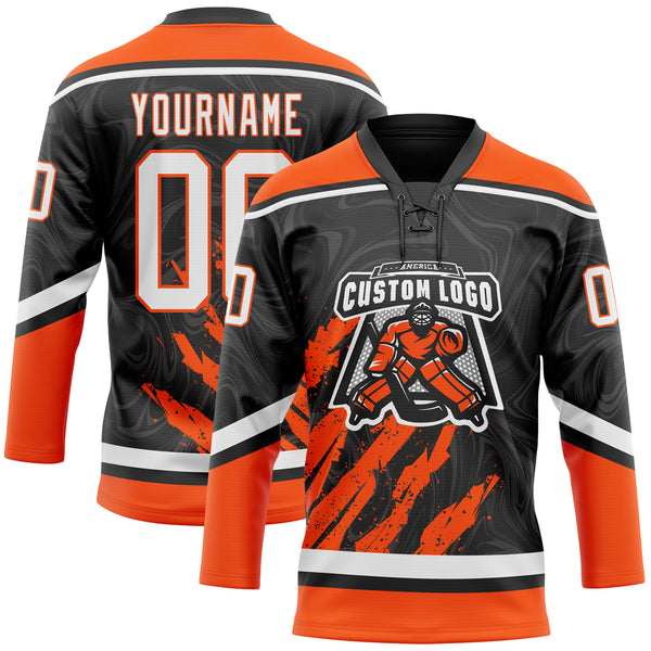 Custom Black White-Orange 3D Splash Art Hockey Lace Neck Jersey