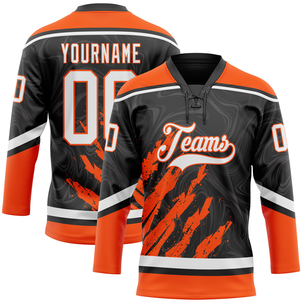 Custom Black White-Orange 3D Splash Art Hockey Lace Neck Jersey