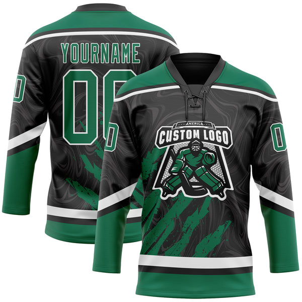 Custom Black Kelly Green-White 3D Splash Art Hockey Lace Neck Jersey