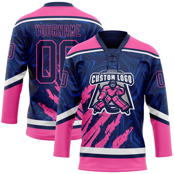 Custom Navy Pink-White 3D Splash Art Hockey Lace Neck Jersey