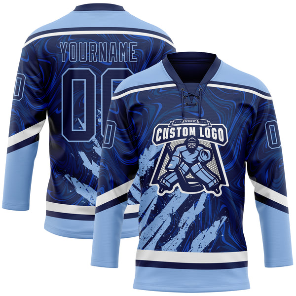 Custom Navy Light Blue-White 3D Splash Art Hockey Lace Neck Jersey