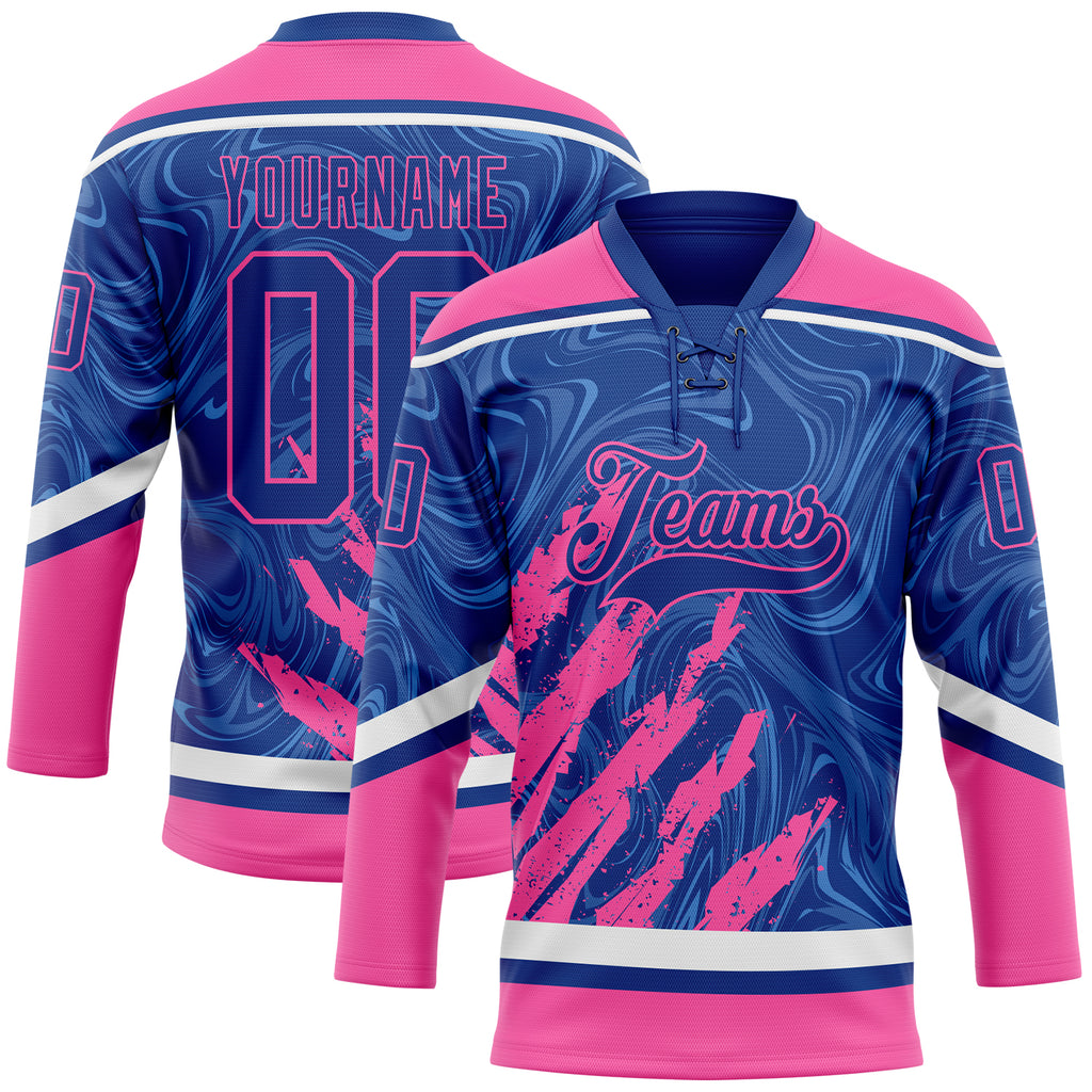 Custom Royal Pink-White 3D Splash Art Hockey Lace Neck Jersey
