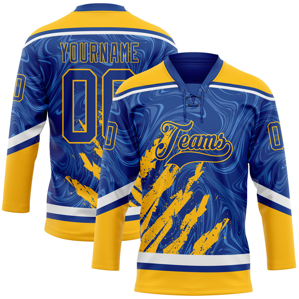 Custom Royal Gold-White 3D Splash Art Hockey Lace Neck Jersey