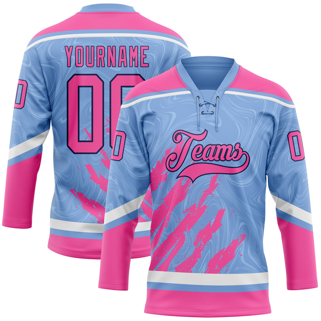 Custom Light Blue Pink Navy-White 3D Splash Art Hockey Lace Neck Jersey